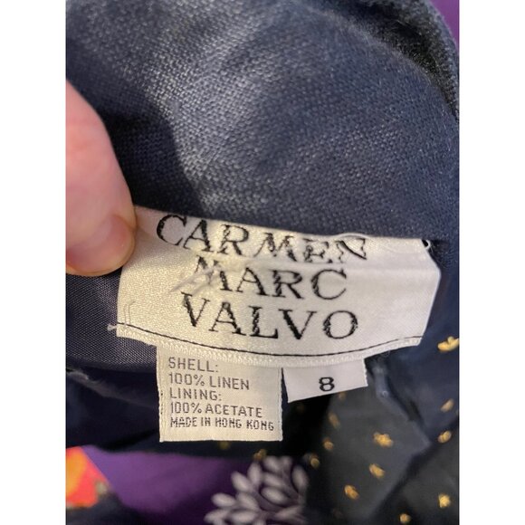 Carmen Marc Valvo Dress Metallic Star Embellished Deep V-Back Linen Navy Blue 8 - Picture 8 of 8